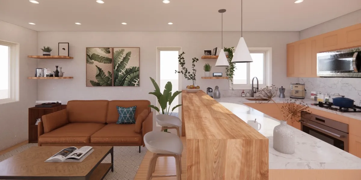 Bright compact ADU interior with warm finishes